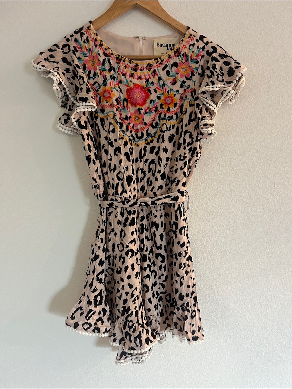 Savanna Jane Beige Leopard Print Romper with Colorful Floral Embroidery